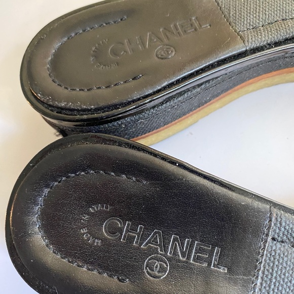 Chanel black canvas leather sandals mules heels slides 37-6.5 slip on in flats - Picture 2 of 10